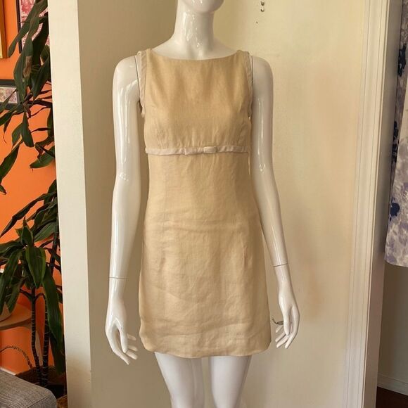 Vintage Cream and Pastel Yellow Mini Linen Dress Size 2 - Picture 2 of 12